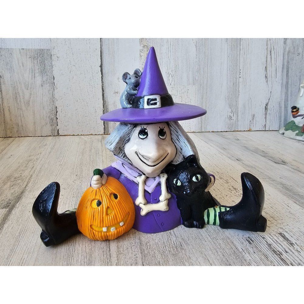 Ceramic vintage witch cat Halloween decor pumpkin